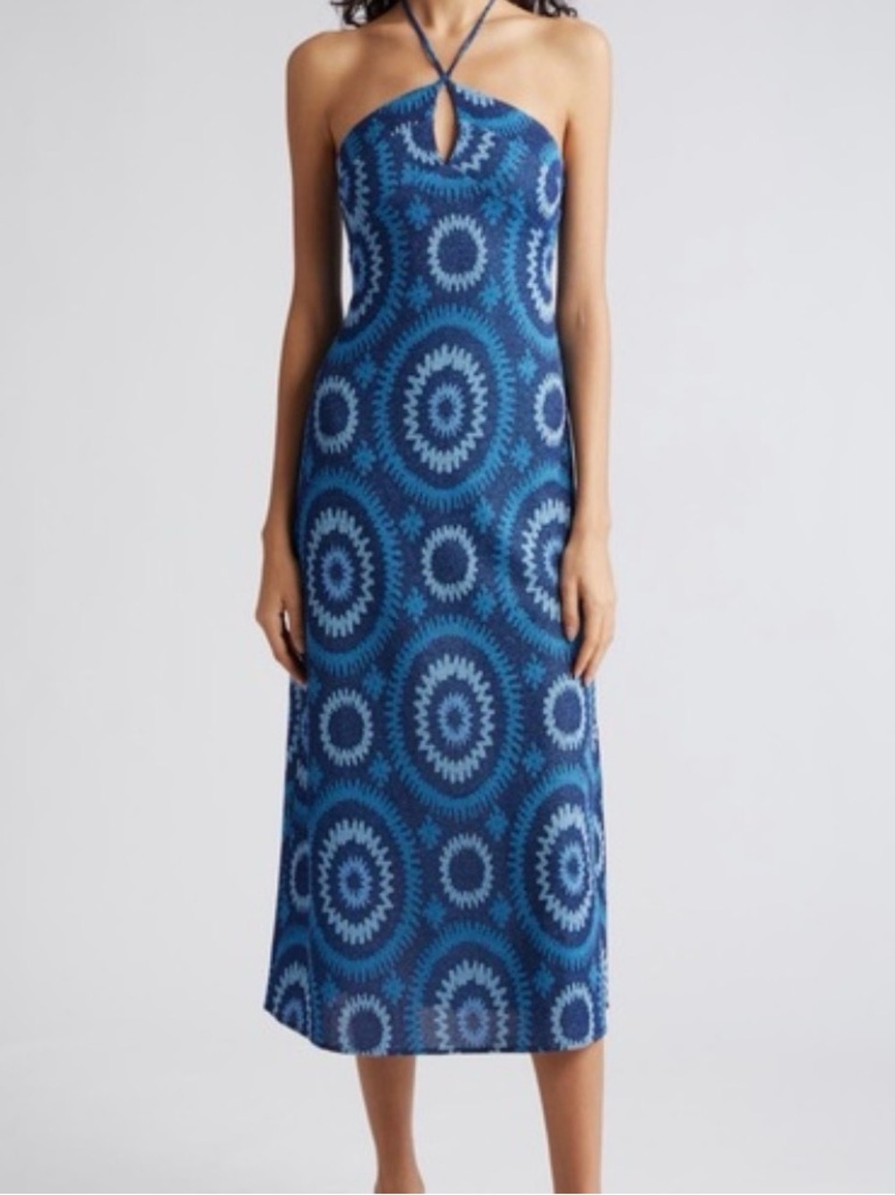 Ramy Brook Aya Halter Dress in Blue Circular Tie-Dye Halter Midi Dress